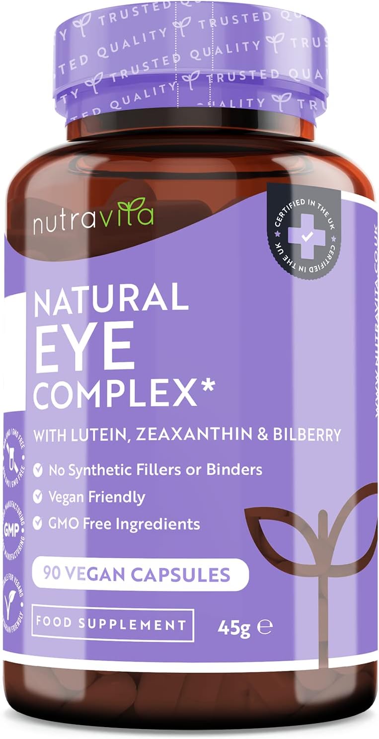 Lutein Natural Eye Supplement – 90 Vegan Capsules - Zeaxanthin, Bilberry Extract, Vitamins A, B12 & Zinc – for Maintenance of Normal Vision – Made in The UK by Nutravita