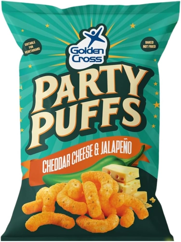 Golden Cross Party Puffs 24 x 40g Cheddar Cheese & Jalapeno Flavour Maize Snacks Fiery Snack Perfect Snack Birthday School Baked Not Fried