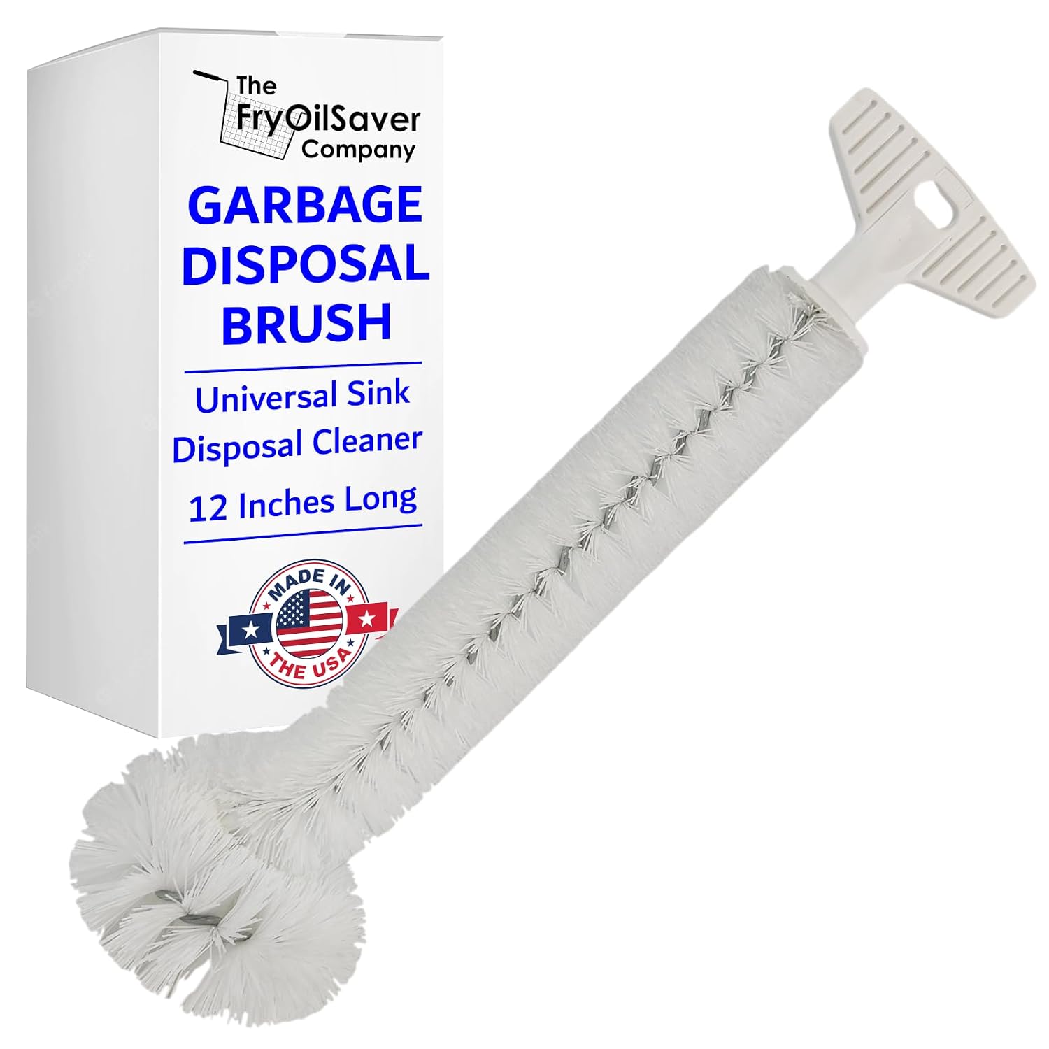 Universal Garbage Disposal Cleaner - 12" Long Kitchen Sink & Drain Cleaning Brush - Sturdy T-Grip Handle Disposer Cleaner - Removes Residue & Odor - Easy to Clean - Made in USA - FryOilSaver Co.