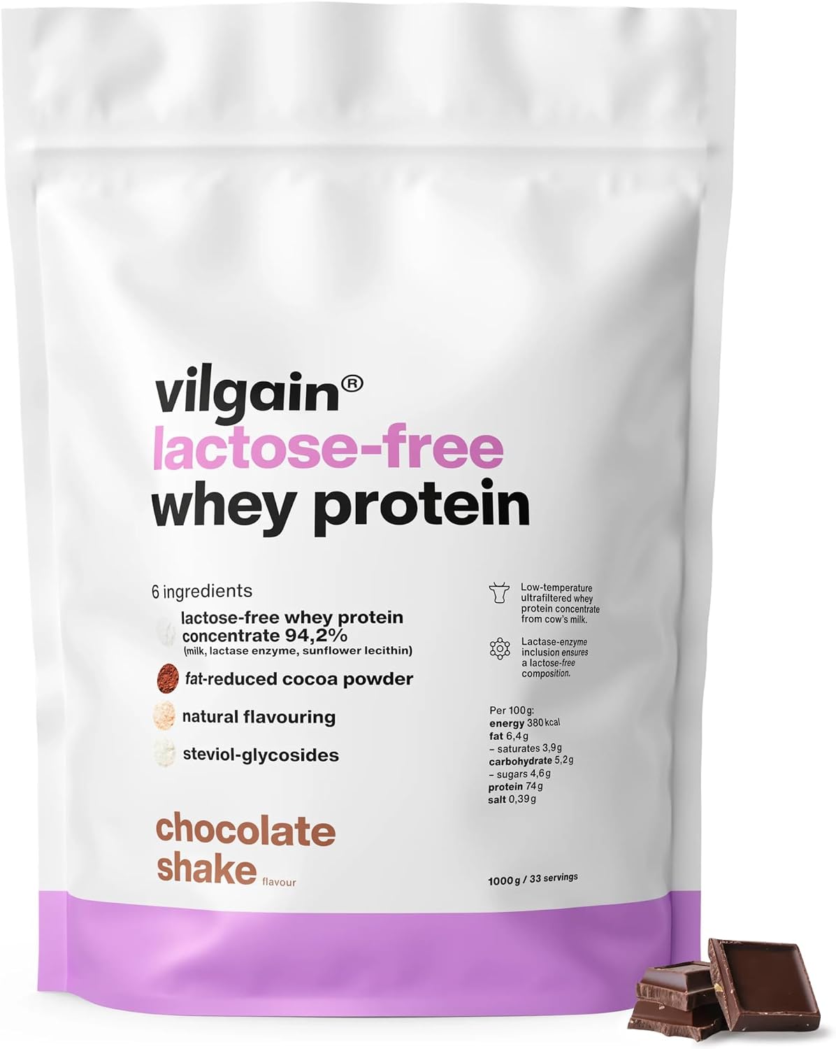 Vilgain Lactose Free Whey Protein Powder Chocolate Shake 1000g | 75% Protein | Low Temp Ultrafiltered Whey Concentrate | Stevia Sweetened | 22g Protein Per Serving | High BCAA Content