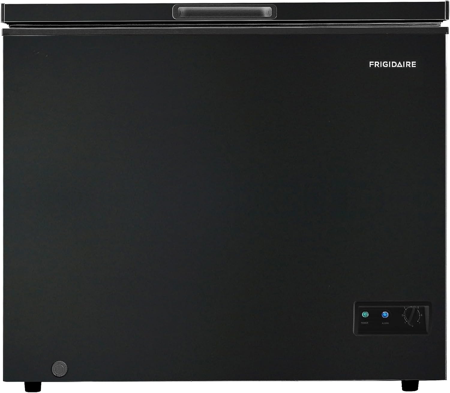 FRIGIDAIRE EFRF7003-BLACK Chest Deep Freezer, 7 Cu. Ft, Black Adjustable Thermostat-Removable Vinyl Coated Wire Basket-Easy Defrost Drain