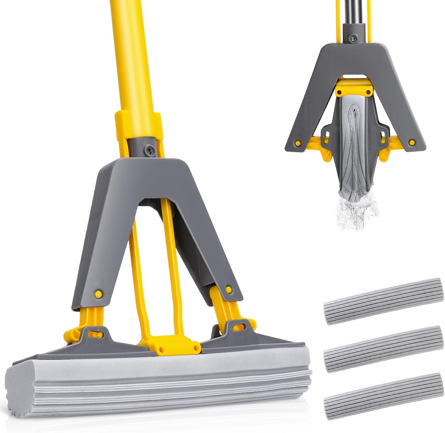 MASTERTOP Easy Floor Cleaner with Self-Squeeze Wringing, Hands-Free Extended Highly-Absorbent PVA Sponge Mop for Laminate, Tile, Hardwood Floor - Send 3pcs Sponge Mop Heads