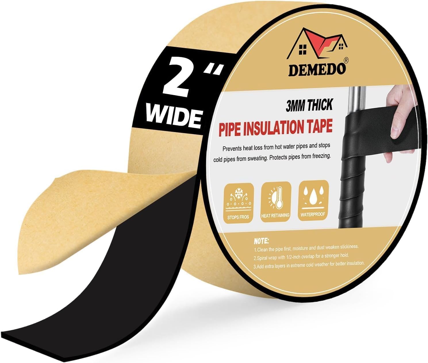 Pipe Insulation Tape, Pipe Wrap Insulation Foam Tape Self Adhesive, Outdoor Water Pipe Insulation Roll for HVAC, AC Line Insulation, 2 inch x 16.5 FT Heat Tape for Water Pipe, Black