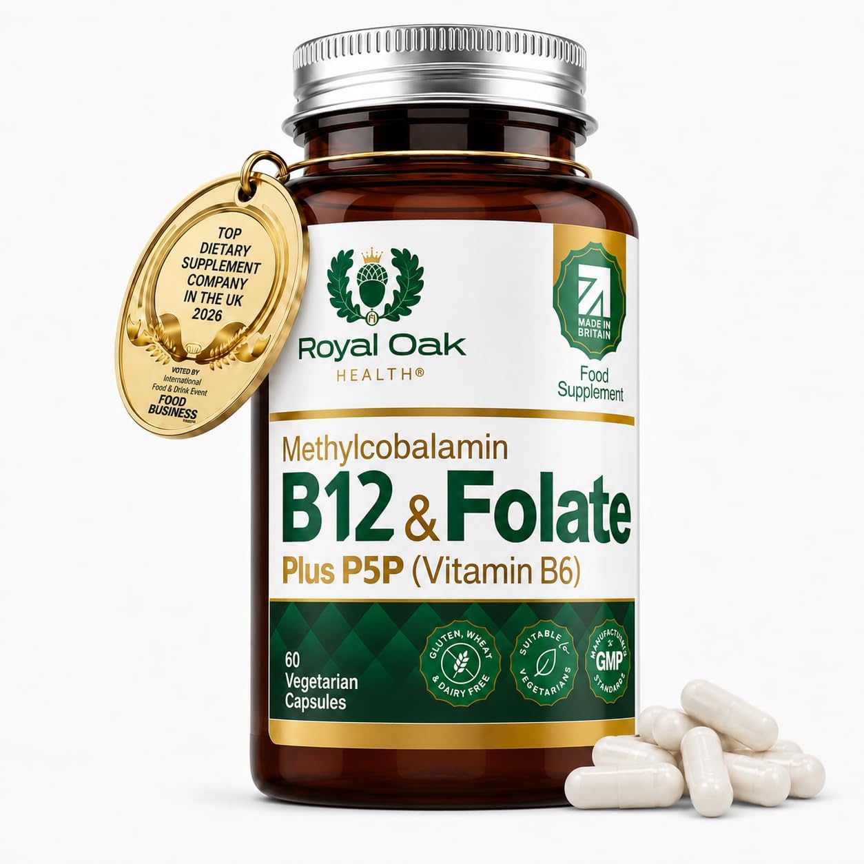 Vitamin B12 & Methyl Folate Supplement with P5P Vitamin B6 (60 Capsules / 2 Month Supply) Active Form 400μg l-Methylfolate Folic Acid, Vitamin B6, B9 & B12 Vitality Formula. UK Made
