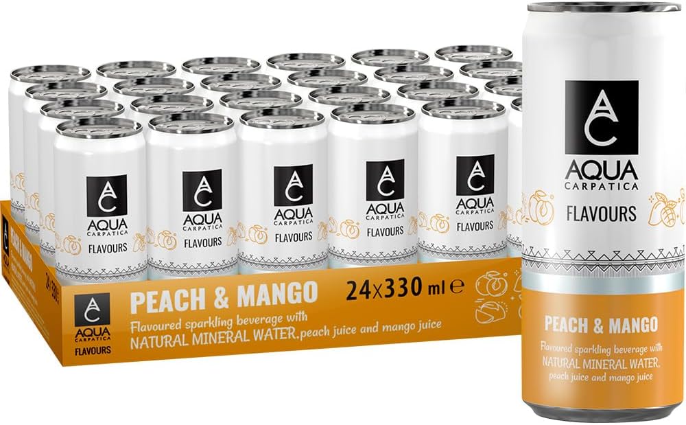 AQUA Carpatica Flavoured Sparkling Water Mango & Peach, Can, 24 x 330ml | Natural Mineral water, Rich in Minerals, refreshing taste with natural Fruit flavours & Agave syrup, Gluten Free, Vegan