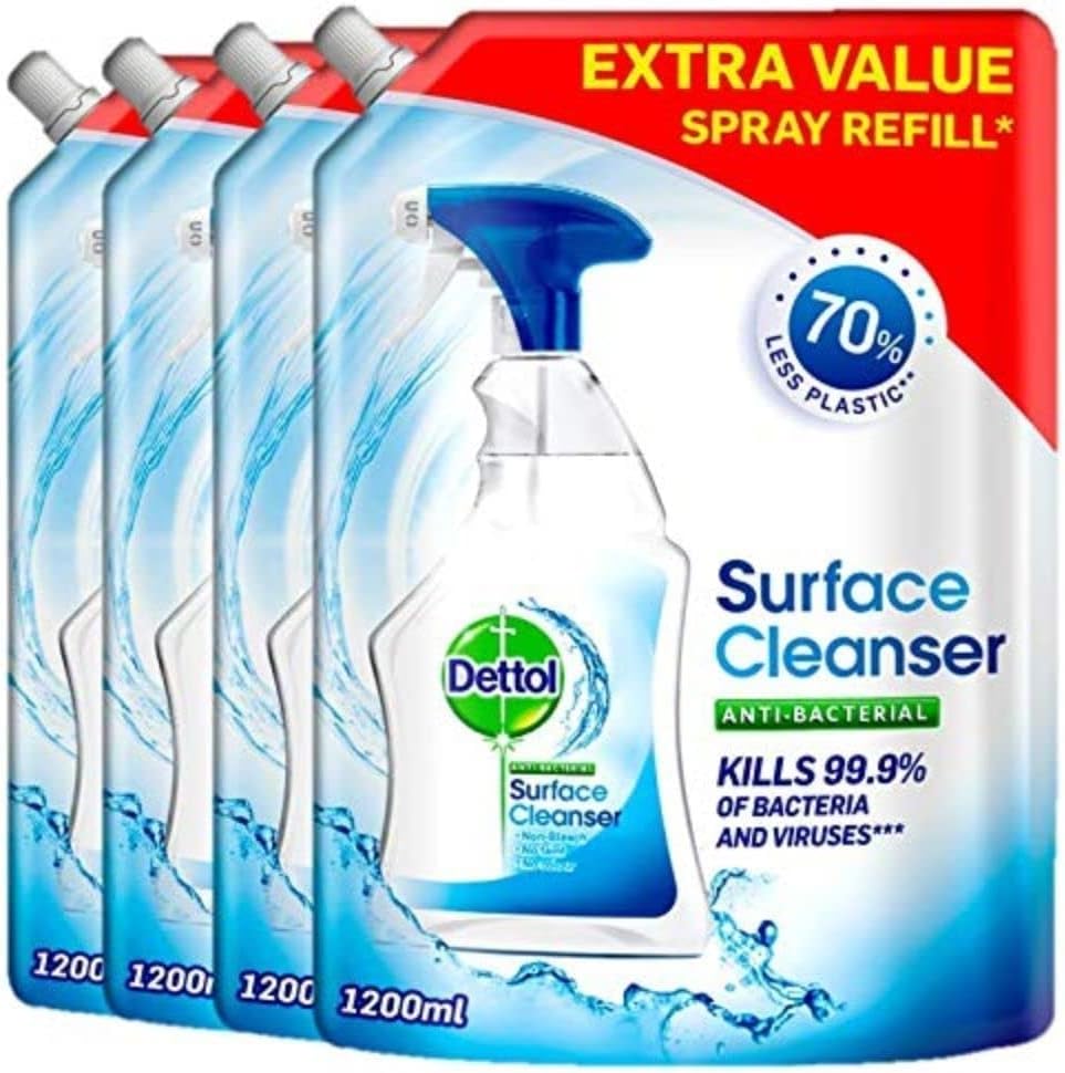Dettol Antibacterial Surface Cleaner Refill, 4-Pack (1.2L Each), Total 4.8L, Disinfectant Spray & Floor Solution, Household Multipurpose Cleaning, Germ Protection, Eco-Friendly Pouch
