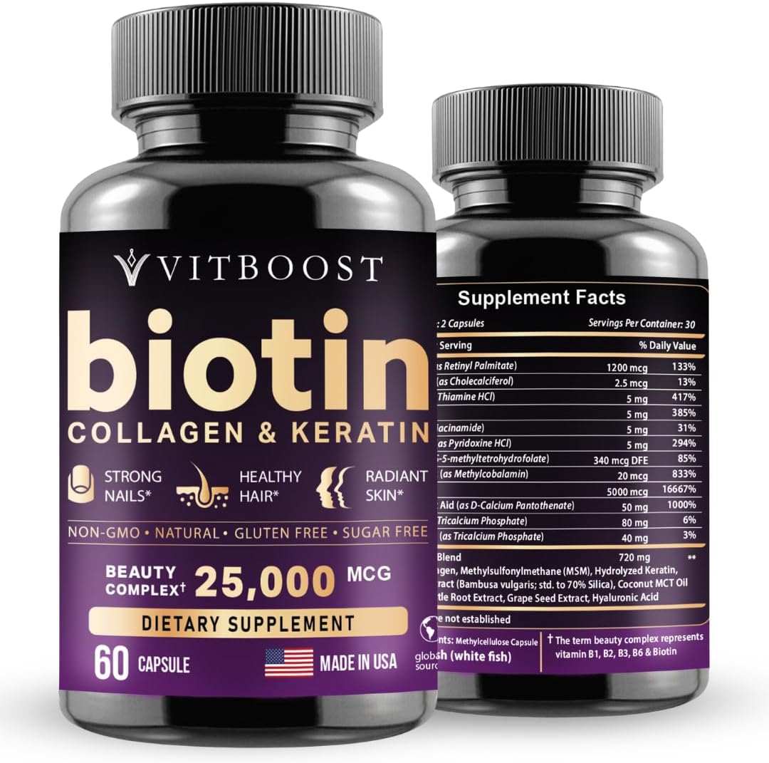 Biotin with Hyaluronic Acid, Collagen and Keratin – 25000 mcg Hair Growth Vitamins for Men and Women – Nails and Skin, USA Made - Third Party Tested, B1, B2, B3, B6, B7 Complex - 60 Capsules
