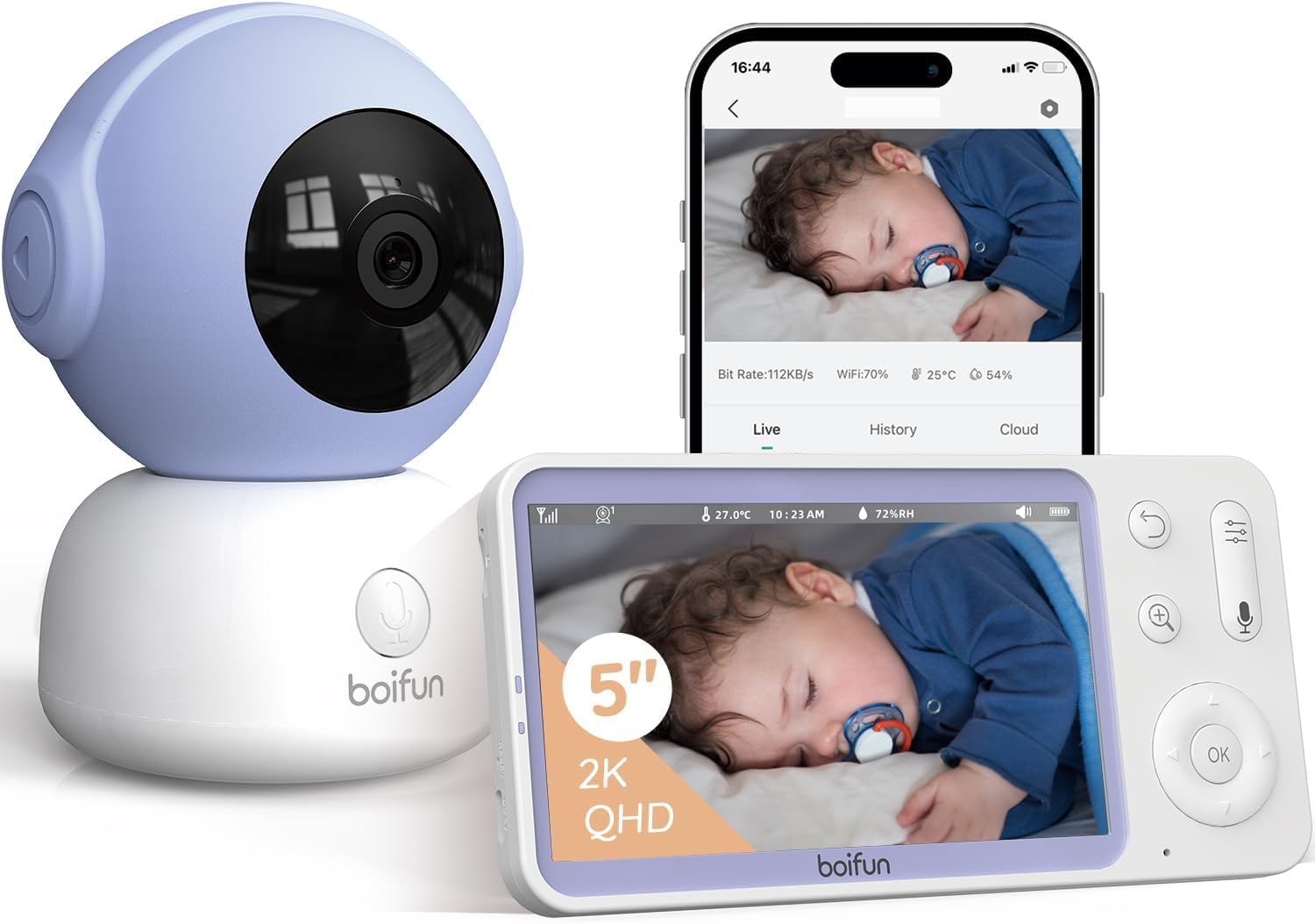 BOIFUN 2K Wifi Video Baby Monitor with Phone App & 5โณ Screen, Motion & Cry Alerts, Zero Glow Night Vision, Auto Tracking, Temperature & Humidity Sensor, 3000mAh Battery, Soothing Lullabies