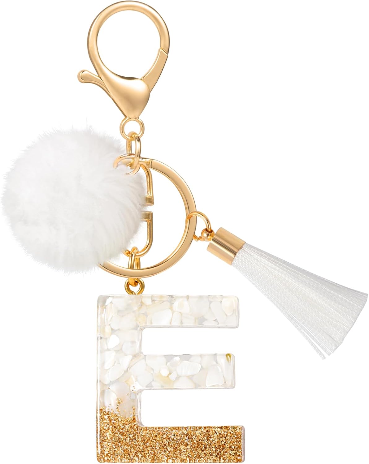 MWOOT E Letter Keyring with Plush Tassels, Initial Keychain Gold White Resin Car Cute Keychain, Personalised Keyring Handbag Charms Craft Accessories Prime Keyring Decoration Gift for Women Friend(E)