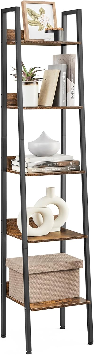 VASAGLE 5 Tier Shelf Ladder Bookcase Storage Stand Office Living Room Bedroom Kitchen Industrial Style Rustic Brown & Black LLS109B01