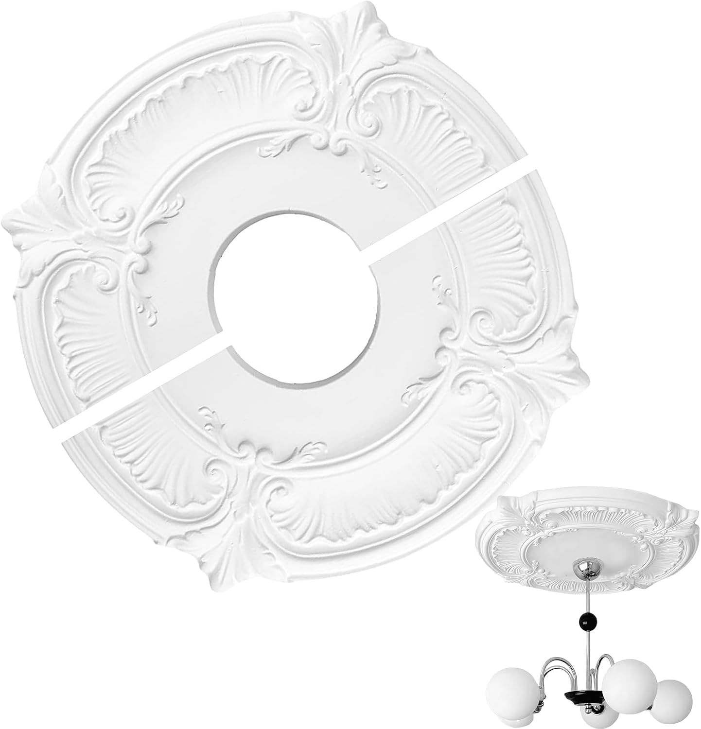Ceiling Rose, Lighting PU Ceiling Medallion Decorative Ceilings Cover Plate for Light Fixtures Fan Lampshade Round Decoration, 305mm OD X 87mm ID, Split/Monolithic, White