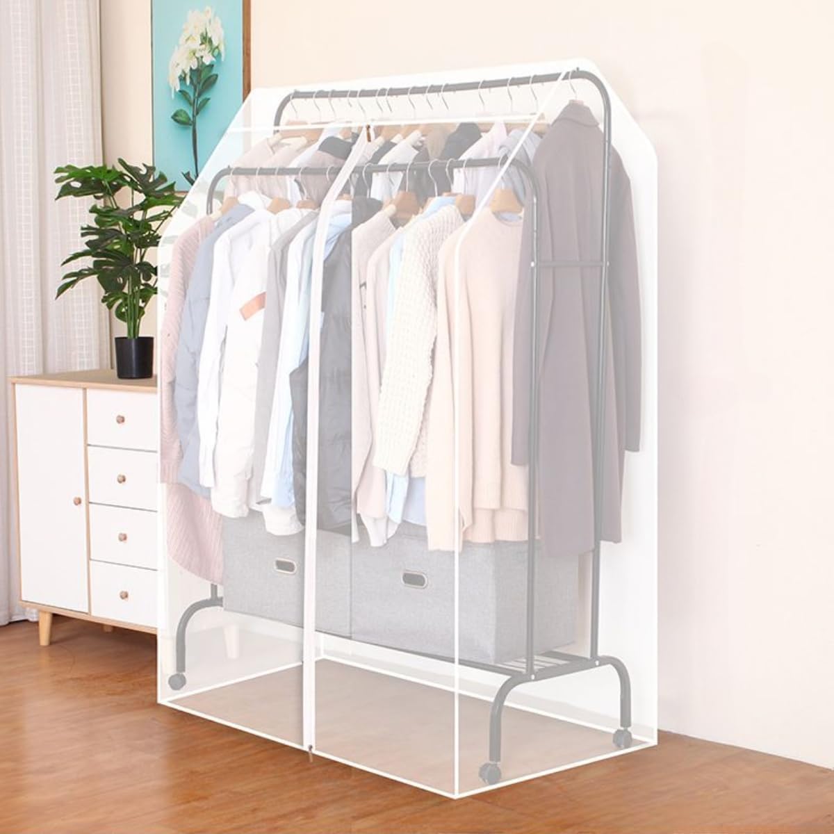 Double Hanging Rods Clothes Rail Widen Dust Cover, Garment Rack Cover Clothes Protector With Zipper For Bedroom Shop Office, 5ft Hanging Coat Rack Cover(Size:150X150X75cm,Color:Translucent)