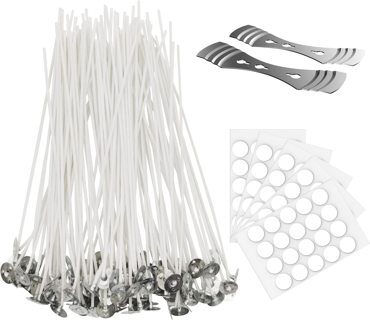 100 Pcs Cotton Candle Wick 8'', Wicks Coated with Paraffin Wax, 100PCS Stickers and 2PCS Metal Candle Wick Holders for Candle Making, Suit for Soy Beeswax Candle Making DIY