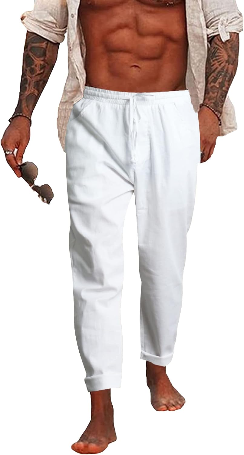 NANAMEEI Men's Cotton Linen Trousers Casual Linen Trousers with Pockets Elastic Waist Linen Pants