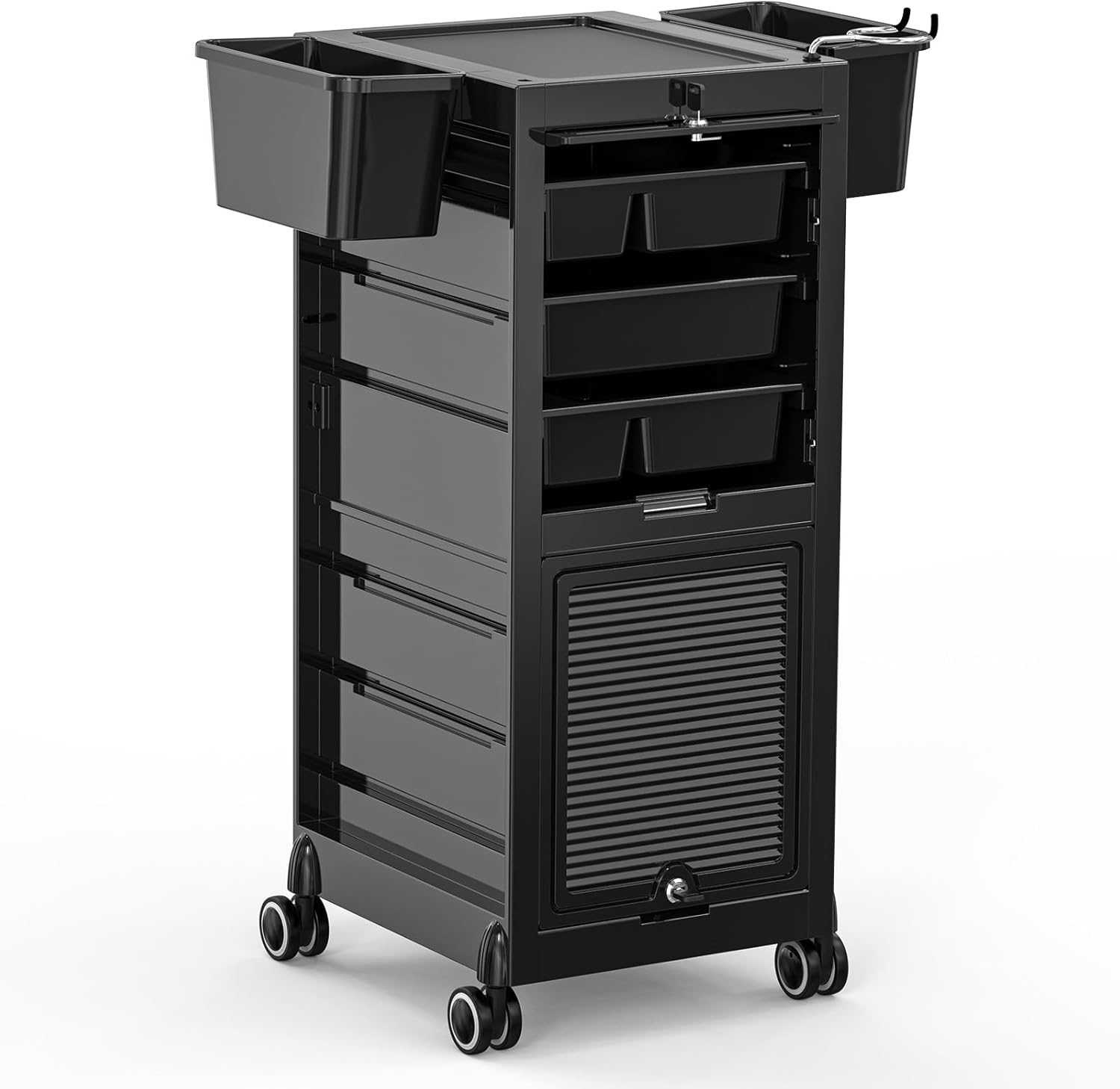 OmySalon Salon Trolley Cart, Hair Stylist Station with 2 Lockable Doors, Rolling Hair Cart Organizer with Drawers & Bucket & Dryer Holder, Barber Shop Hairdressing Beauty Tattoo Versatile Equipment