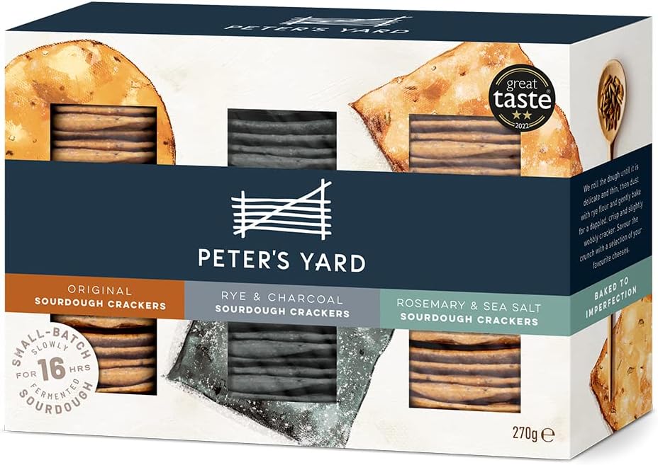 Peter's Yard Sourdough Crackers Selection Box for Cheese, 3 Varieties, Great Gift, Premium Quality, High Fibre, All Natural, Rosemary Charcoal, 270 g