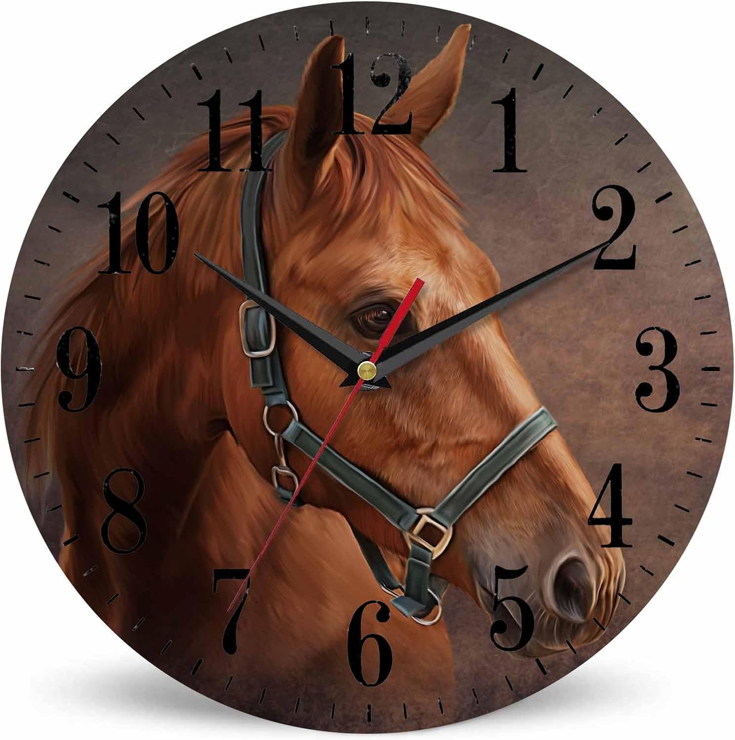 Mxocom Horse Wall Clock Brown Horse Portrait Art Oil Painting 10 Inch Silent Non Ticking Battery Operated Clock Vintage Round Clock for Living Room Bedroom Bathroom Office Decor