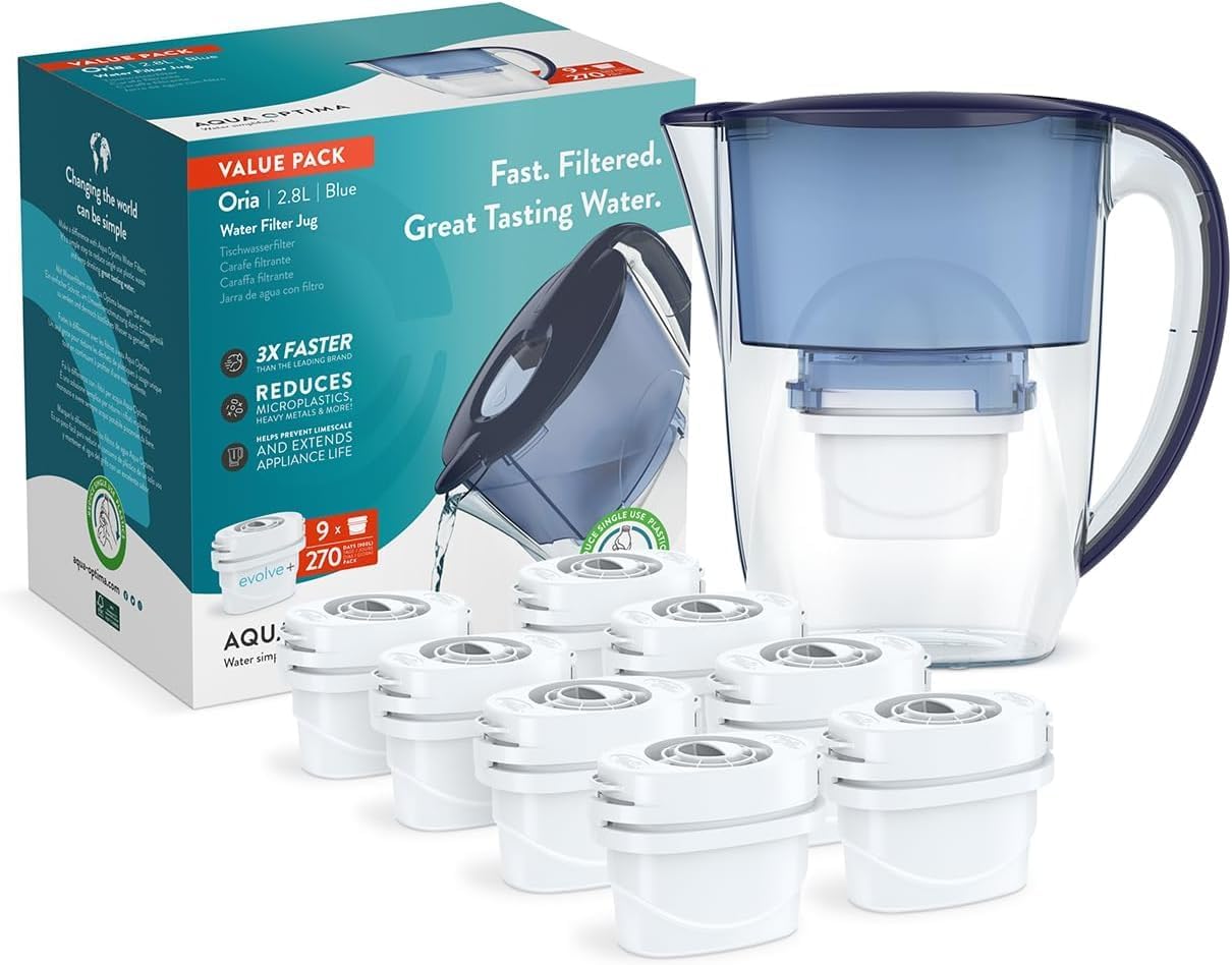 Aqua Optima Oria Water Filter Jug & 9 Evolve+ Filter Cartridge 2.8L Blue - Fridge & Dishwasher Friendly, Easy Fill - Reduces Limescale, Chlorine & Other Impurities - By LAICA (Packaging May Vary)