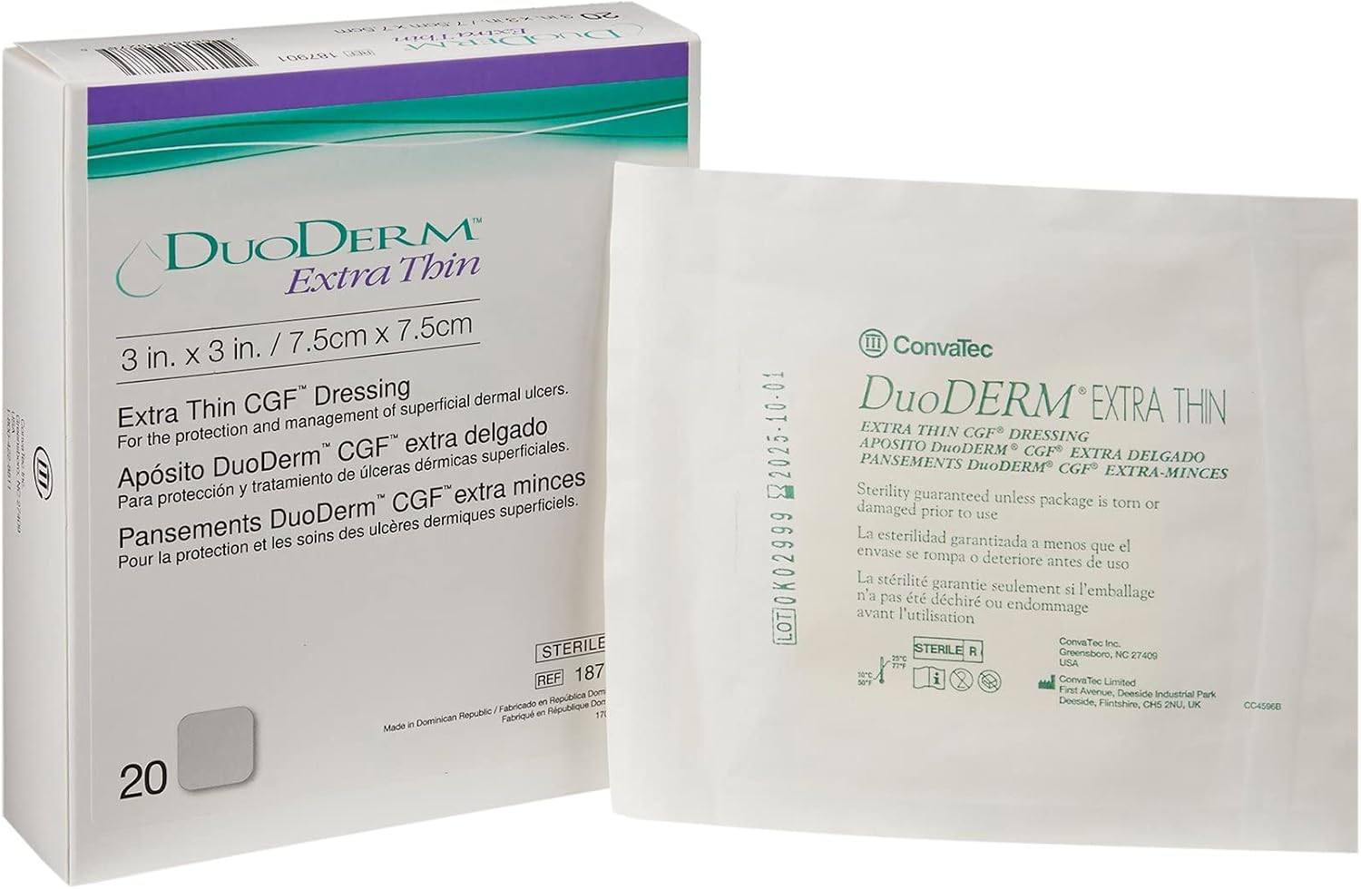 ConvaTec DuoDERM Extra Thin Control Gel Formula 3"x3" Hydrocolloid Sterile Adhesive Dressing for Superficial Wounds, Low Friction, Latex-Free, Waterproof, Square, Beige, 20ct Box