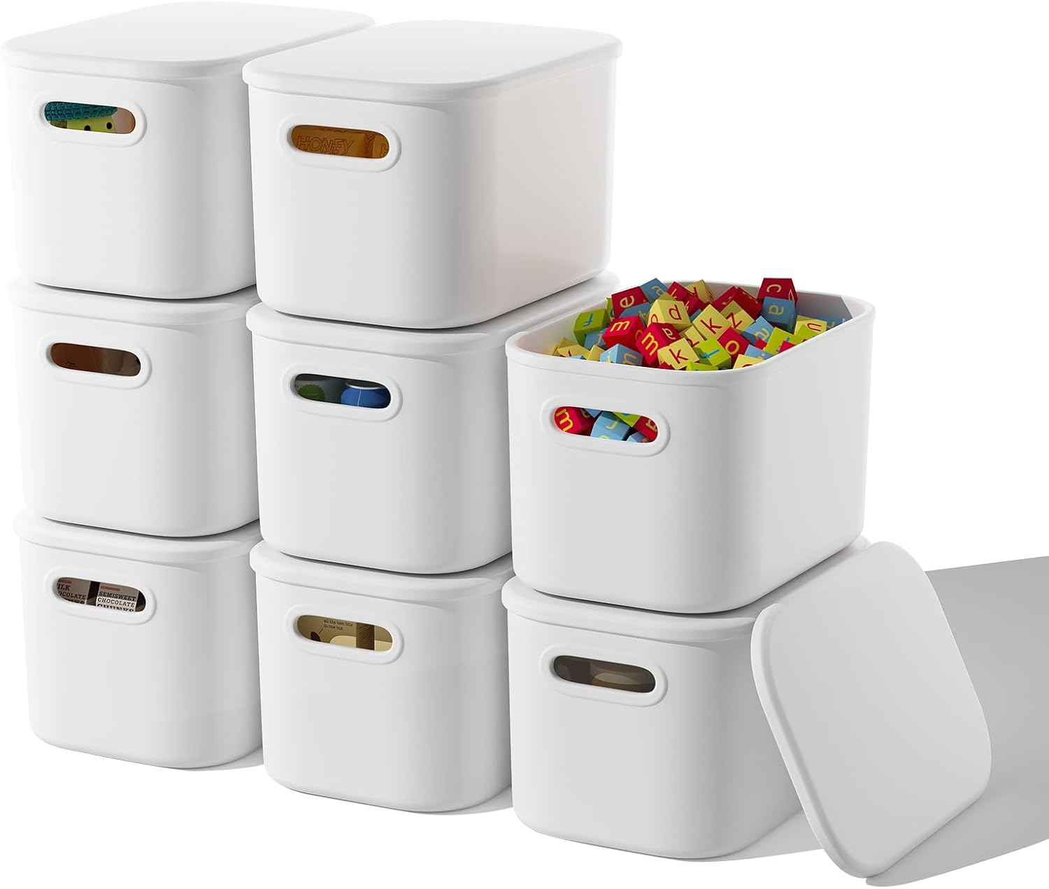 8 Pack White Storage Bins with Lids Stackable Storage Container for Organizing, Storage Boxes with Handle for Shelves, Cute Storage Bin for Craft, Snacks, 9.85x6.9x5.7 inch