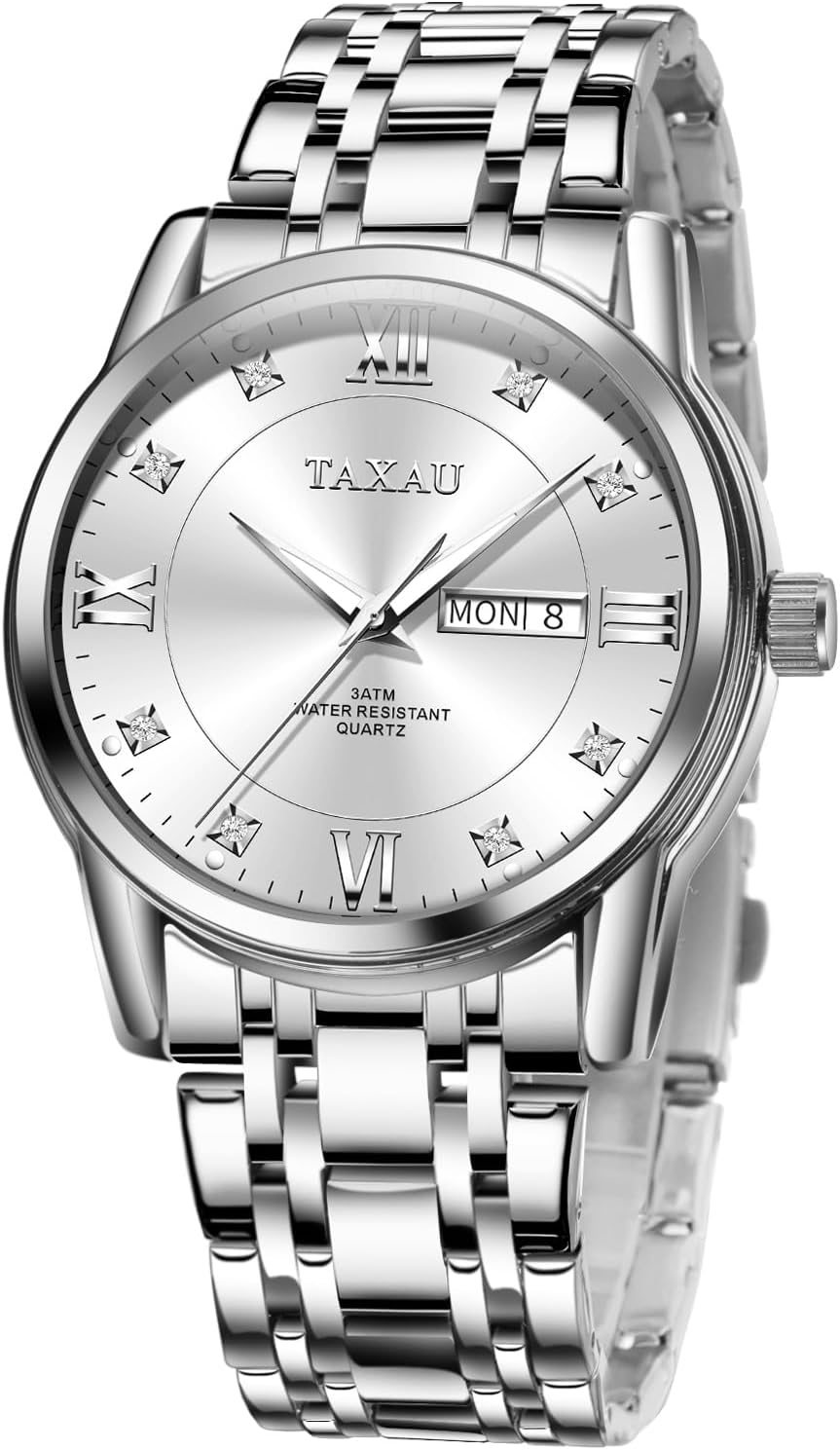 Mens Watch Fashion Casual Dress Waterproof Watches for Men Analog Quartz Stainless Steel Day Date Silver Men's Wrist Watches with Luminous
