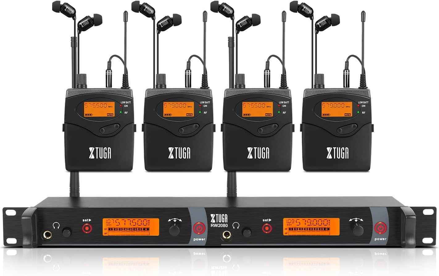 XTUGA Wireless in Ear Monitor System 2 Channel 4 Bodypack, Whole Metal Monitoring System with In-Ear Headphone, Wireless Type Used for Stage or Studio (RW2080) | Wireless IEM System,2*40 Frequencies,300Ft Range,Mono Dual Channel Stage Monitoring for Musicians,Singers,Band,Studio,Church