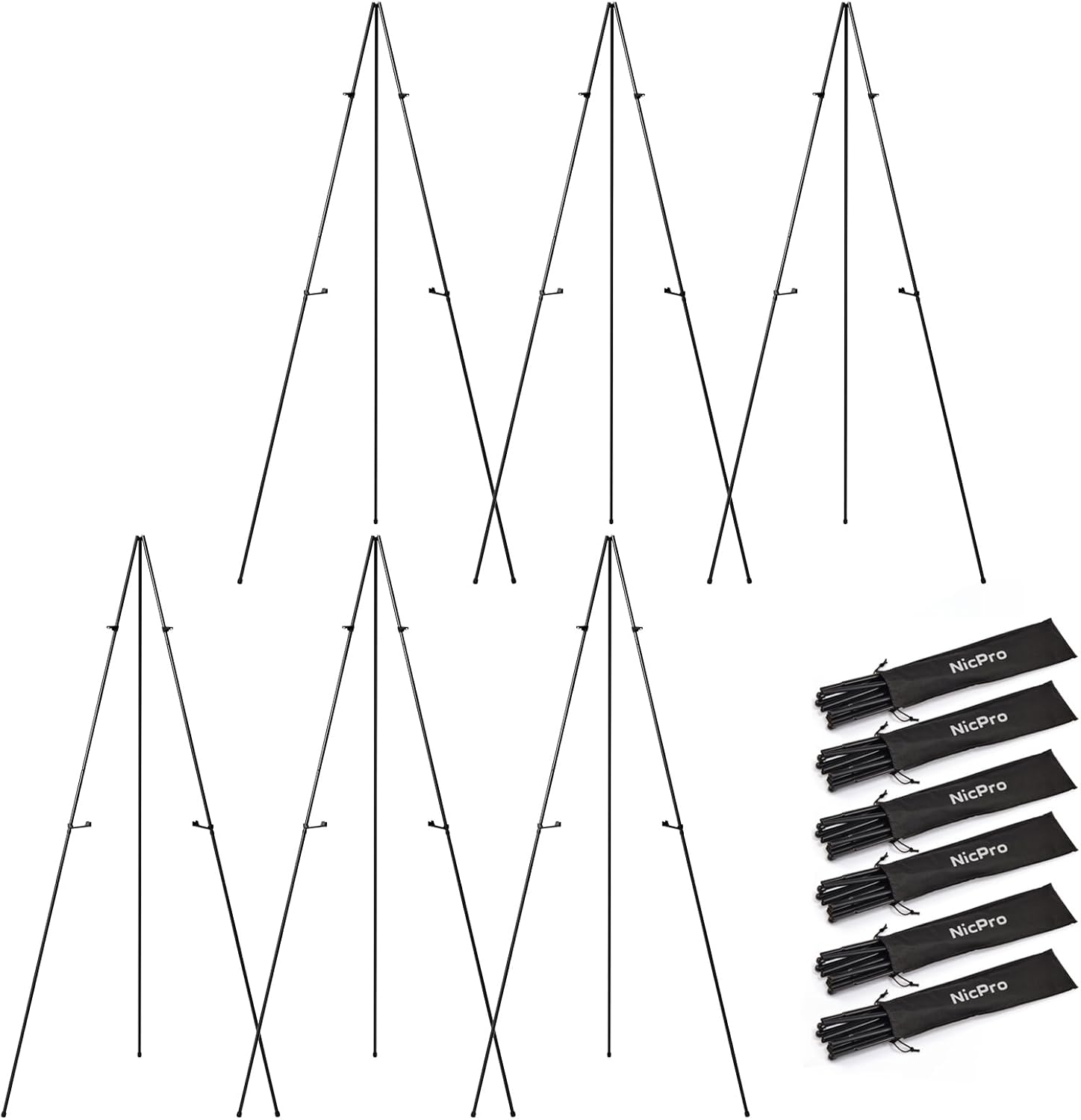 Nicpro Art Folding Easels for Display, 6 Pack 63 Inches Metal Floor Easel Stand Bulk Tripod Black Collapsible for Sign Artist Poster Wedding | with Carry Bag