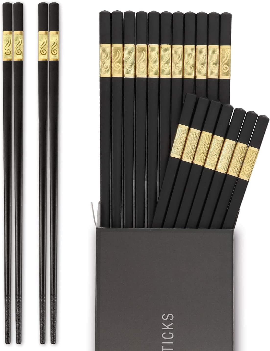 Hiware 10 Pairs Fiberglass Chopsticks - Reusable Chopsticks Dishwasher Safe, 9 1/2 Inches - Gold