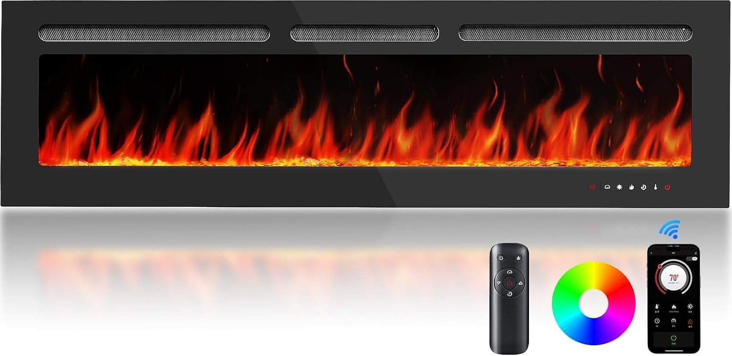 Silonn 60-Inch Smart Electric Fireplace, Ultra-Slim Wall-Mounted or Recessed Fireplace Heater with 1400W Heat, WiFi App & Remote Control, Timer and 20 Customizable Flame Colors
