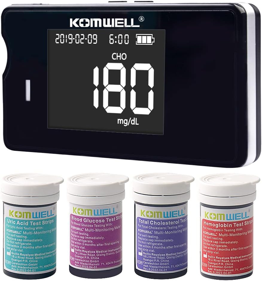 KOMWELL Blood Cholesterol Monitor Kit 4 in 1 Meter System Komwell Blood Cholesterol, Blood Glucose, Hemoglobin and Blood Uric Acid Test Kit
