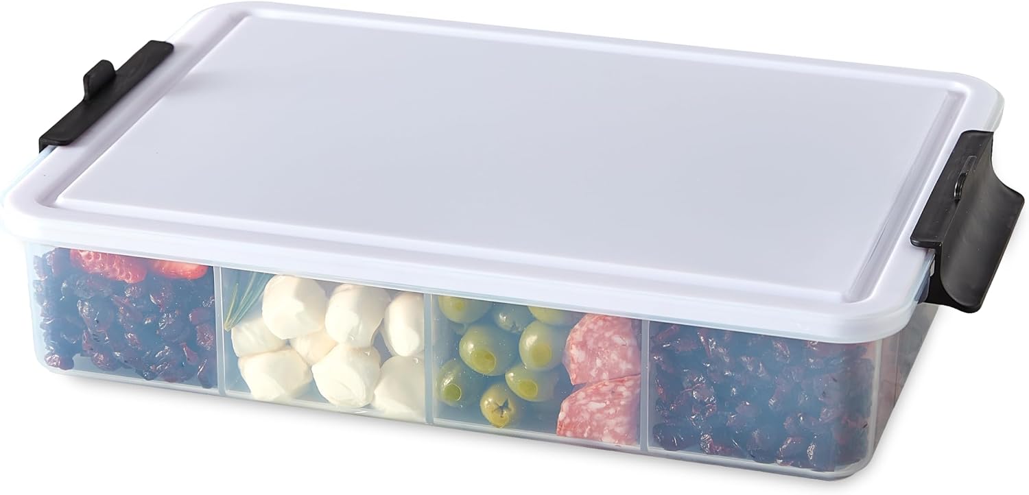 Farberware Large Build-A-Board Snacklebox Serving Tray with Locking Plastic Cutting Board Lid, Portable Storage Container with 11 Compartments for Charcuterie, and More