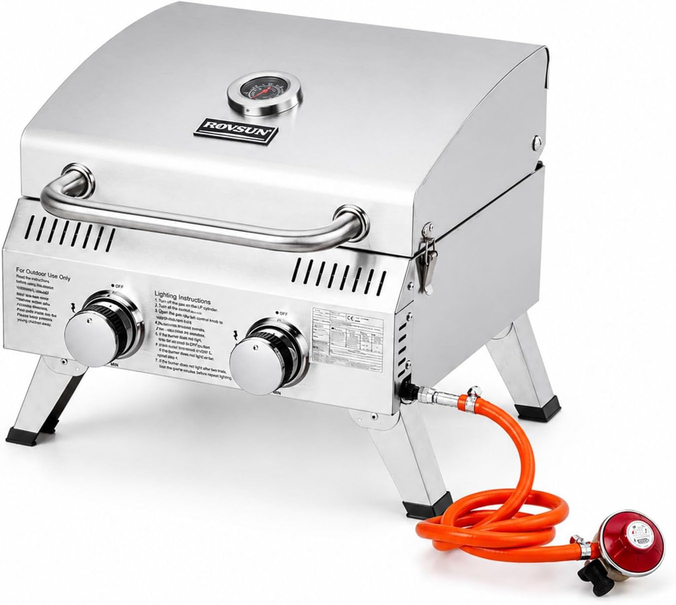 ROVSUN 2 Burner Portable Tabletop Gas BBQ, 15000BTU Stainless Steel Barbecue Grill, Outdoor Grill with Lid, Thermometer & Foldable Legs, Easy Carry for Camping Home Patio Party, Silver