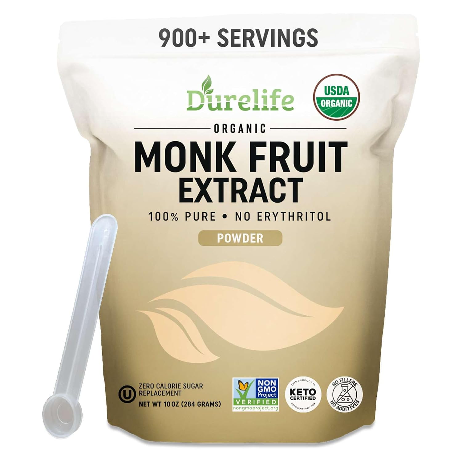 DureLife Organic 100% Pure Monk Fruit Sweetener, No Erythritol, 10 Oz | Zero Calorie Sugar Substitute, No Fillers, Keto Certified, OU Kosher, USDA Organic, Non-GMO Project Verified