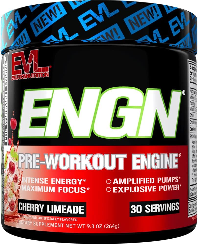 Evlution EVL Intense Pre Workout with Creatine - ENGN Energizing Pre Workout for Men Powder Drink for Lasting Energy Focus and Recovery - with Beta Alanine Caffeine and L Theanine - Cherry Limeade