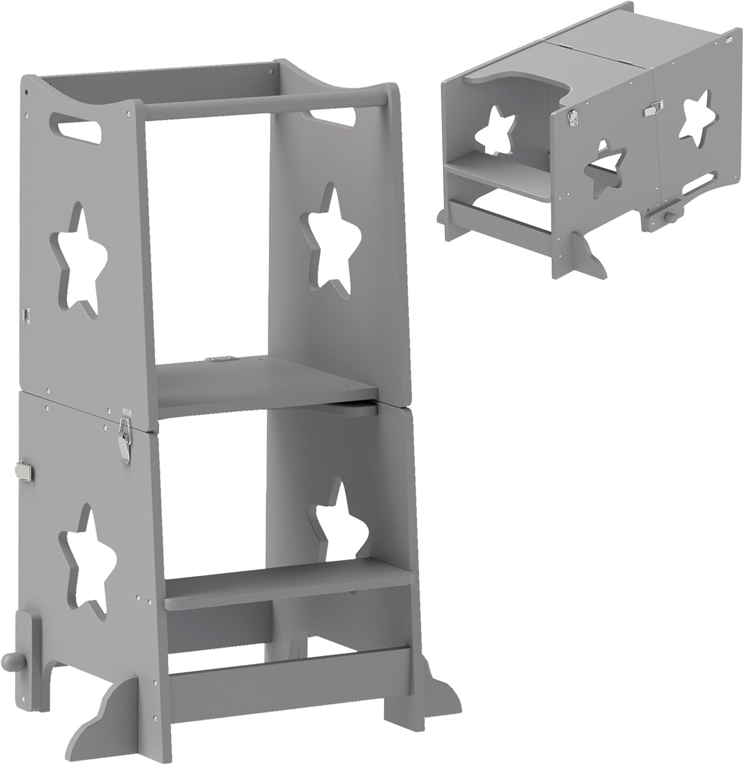 Qaba 2 in 1 Toddler Tower, Toddler Step Stool, Kids Kitchen Stool Helper with Safety Rail, Bathroom, Sink, Kitchen & Counter Step Stool for Toddlers 3-6 Years, Gray