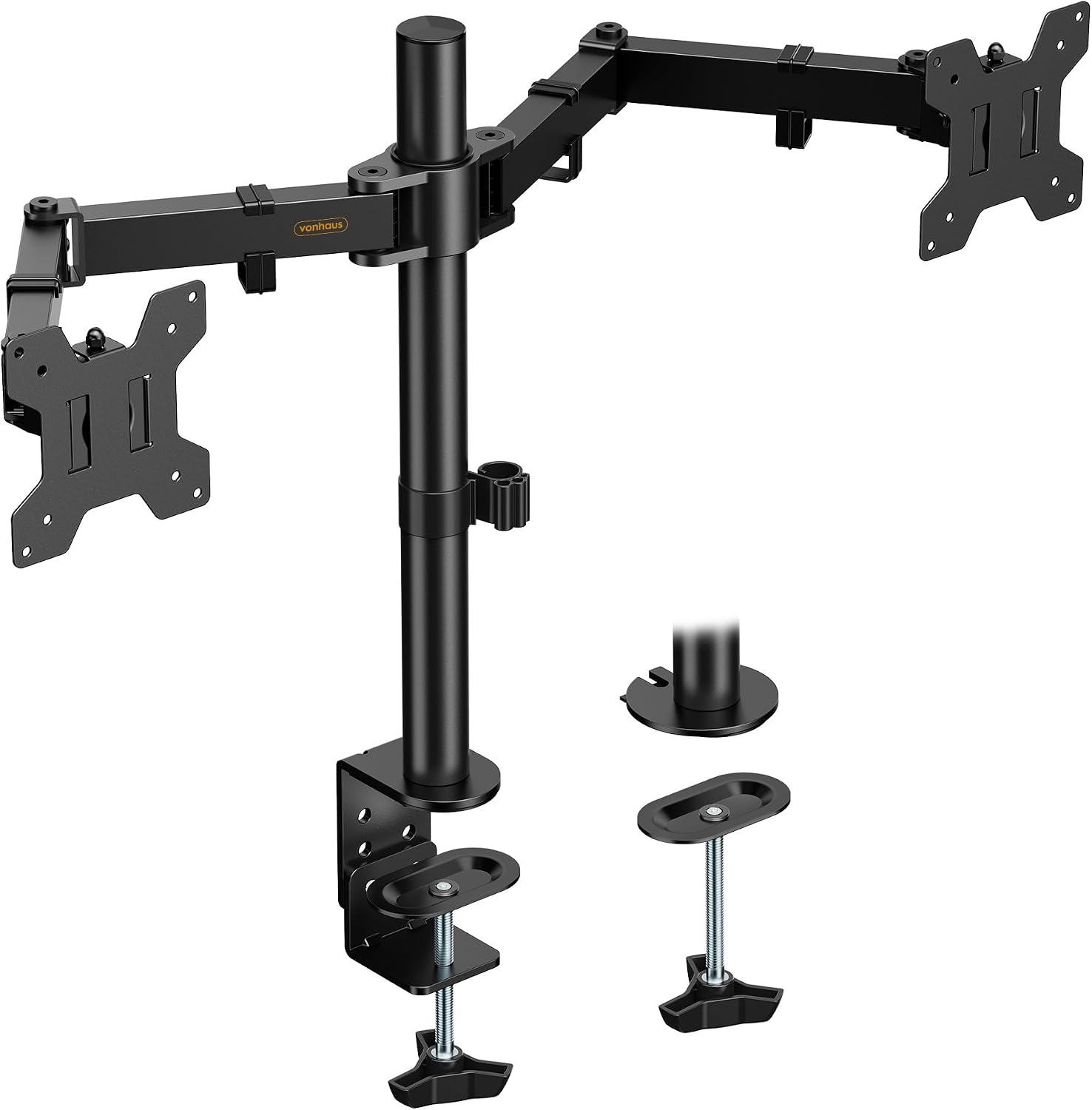 VonHaus Dual Monitor Stand for 13-32" Screens Twin Mount with Clamp | Fully Adjustable Tilt, Rotation & Swivel Arms. Fits VESA 75x75 & 100x100mm. Easy-assemble Height Adjustable Desktop Bracket