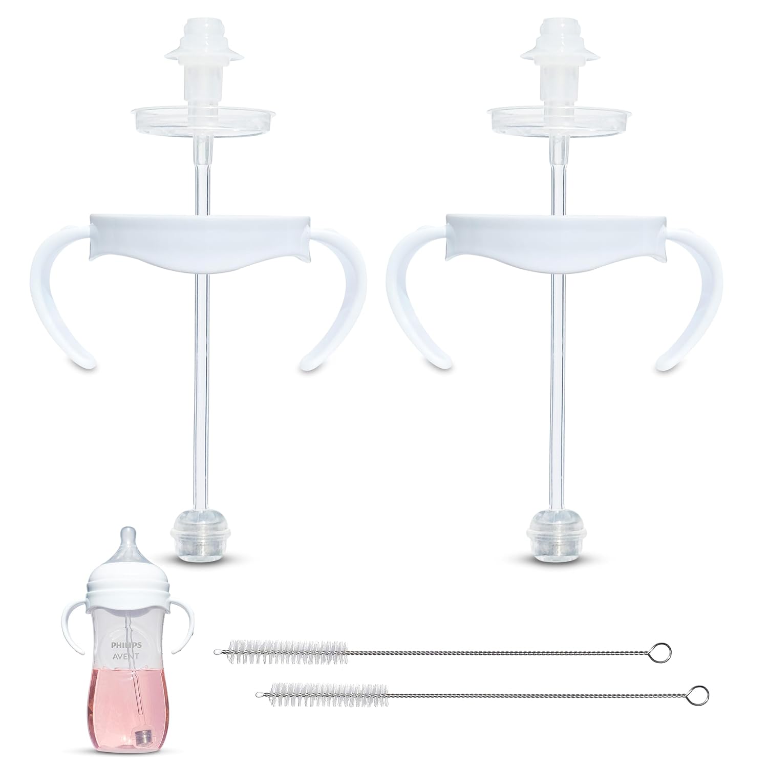 Self-Feeding Kit for Philips Avent Natural Baby Bottles 2-Count, Weighted Straw Attachment for Natural Response Nipples with Bottle Handles and Cleaning Brush, 4+ Months (for Plastic Bottles)
