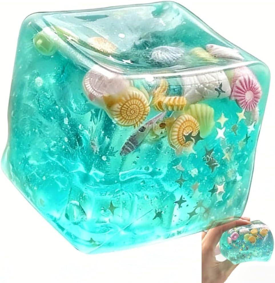 NEE DDOOH Slow Rise Squishy Cube, Ice Cube Stress Ball Fidget Toy, Ocean Shells Inside Sensory Stress Relief Toys for Adults Teens Classroom Prizes (1pc)