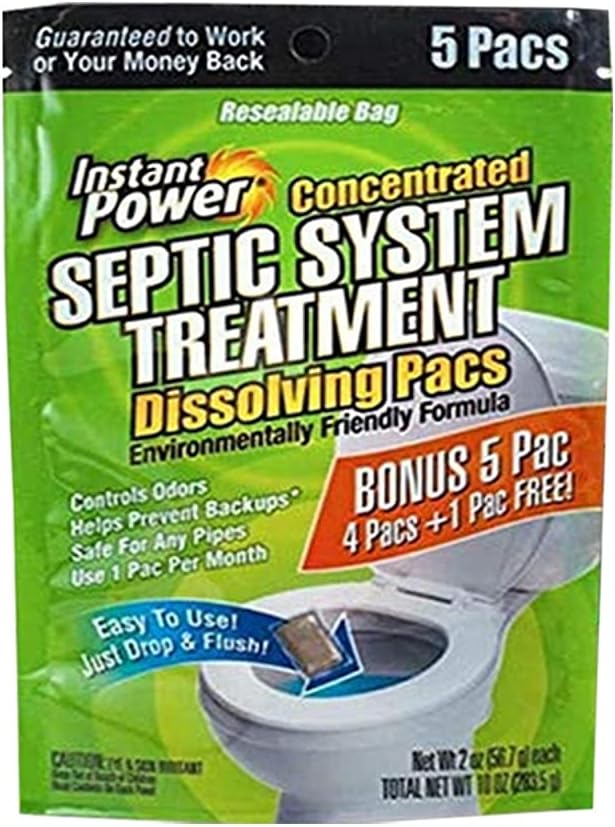 Instant Power Concentrated Septic System Treatment Dissolving Pacs, Controls Odors, Safe on Pipes, 5 Pacs