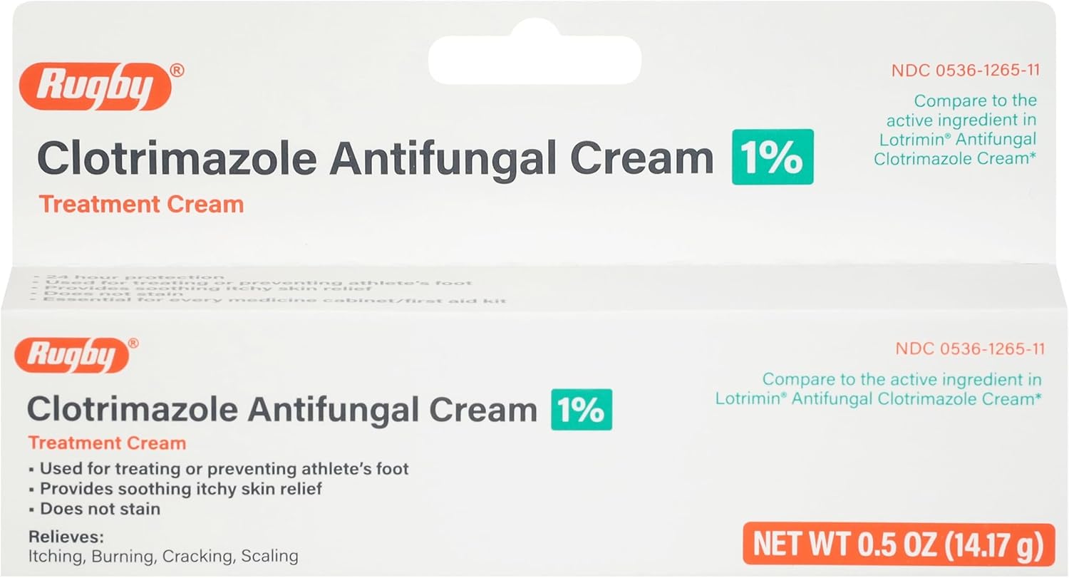 Rugby Clotrimazole Antifungal Cream 1% - Treatment Cream - Helps Provide Soothing Itchy Skin Relief - 0.5 Oz. (1 Pack )