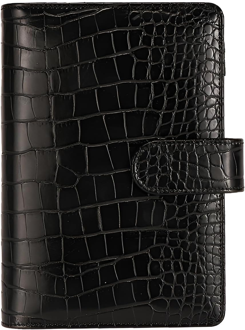 A6 6 Ring Budget Binder - Crocodile Pattern Leather Notebook Binder, Small Refillable Planner Cover with Magnetic Buckle, Black