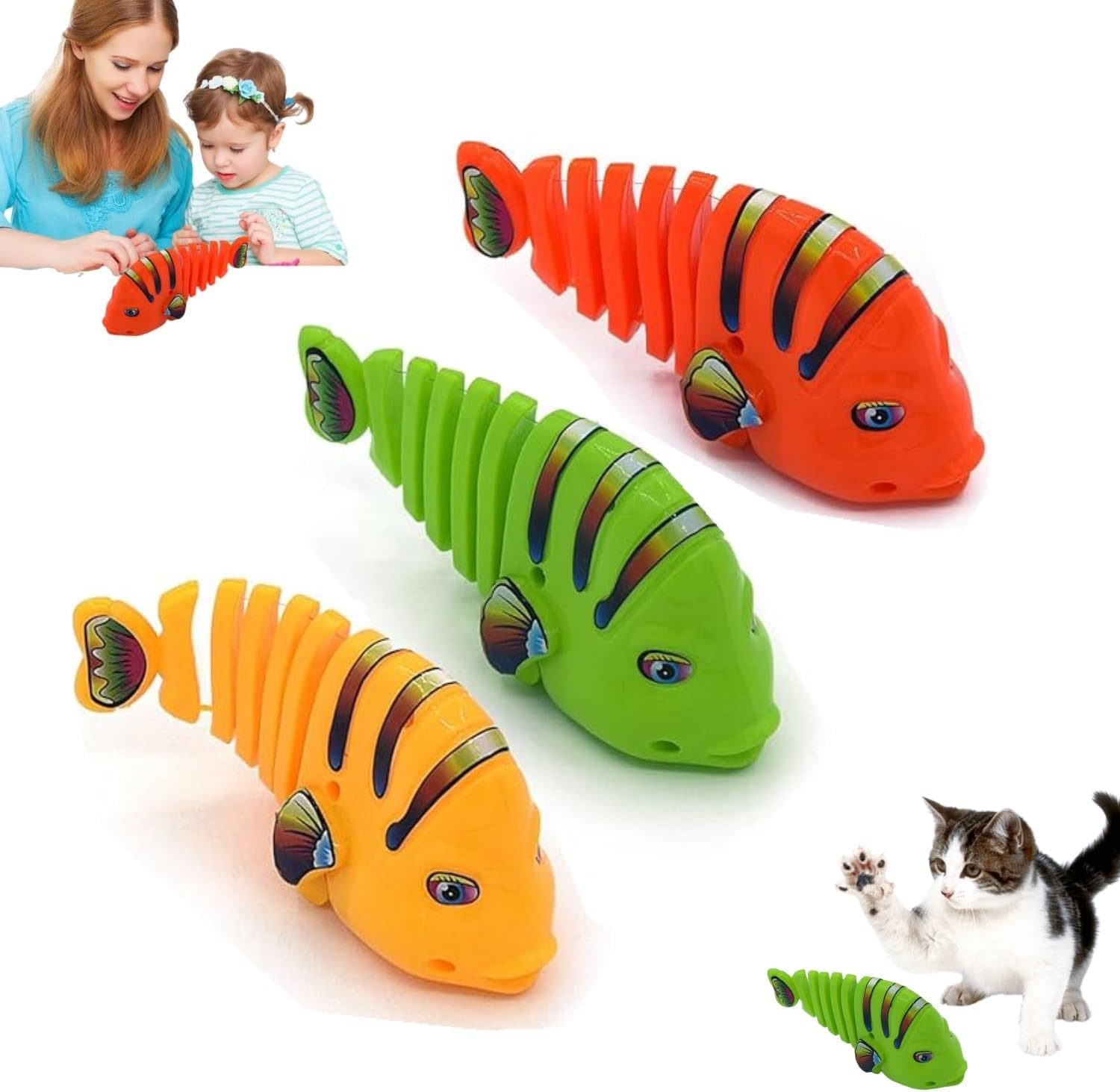 Plastic Wind-Up Wiggle Fish Toys, 2024 New Creative Clockwork Swinging Cartoon Fish Toys, Children Bath Toy, Fun Pet Clockwork Wiggle Fish Toys, Interactive Toys for Birthday Party Gift (3 pcs)