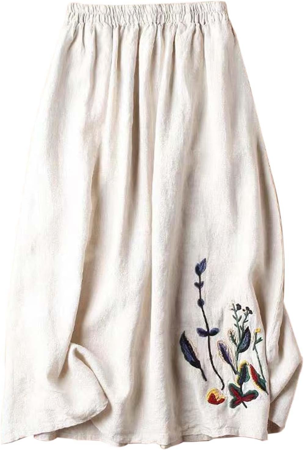 Women's Loose Casual Elasticated Waist Cotton Skirt A Line Mid Length Half Skirt Linen Long Skirt