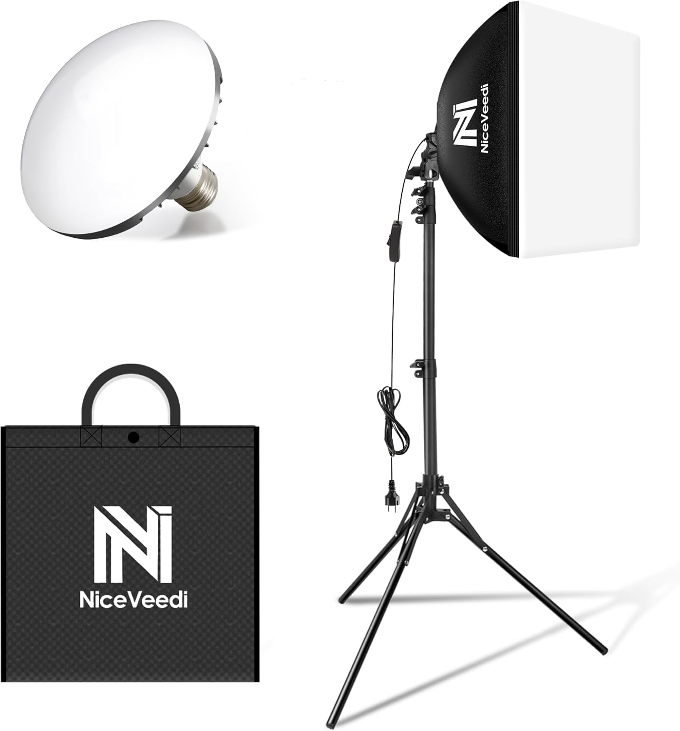 Niceveedi Photography Light Kit, 5400K Softbox Light With 160cm Tripod Stand &50W/450W Equivalent LED Bulb, Continuous Studio Lighting for Video Recording/Live Streaming/Selfie/Camera Filming (1-PACK)
