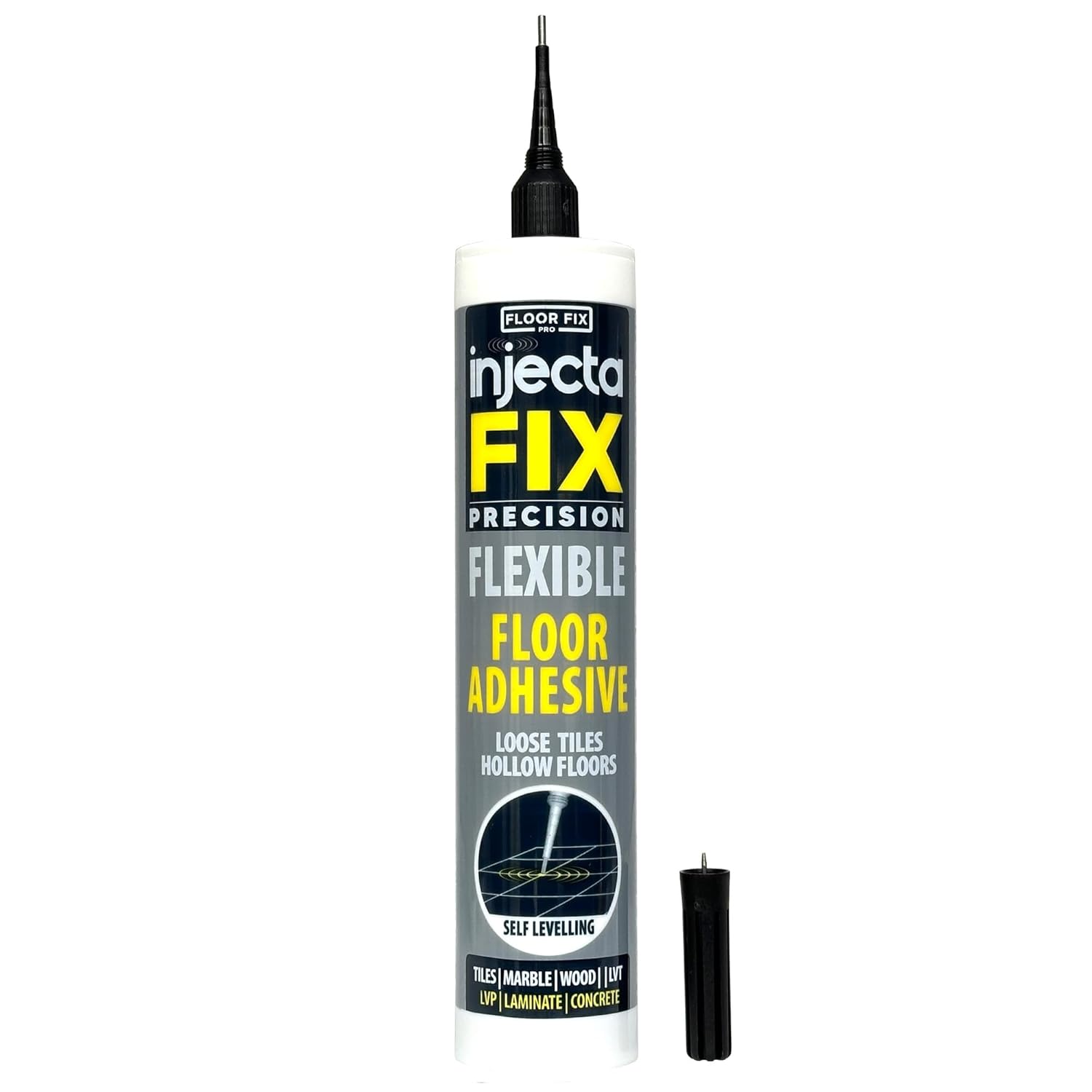 Floor-Fix Pro The Original Adhesive - Extra Strength - Fix Loose & Hollow Tiles, Repair Squeaky Wood Floor - All in One 5/64” Patented Stainless Steel Injection Tip + Anti Clog Cap (10.1 Fl Oz)