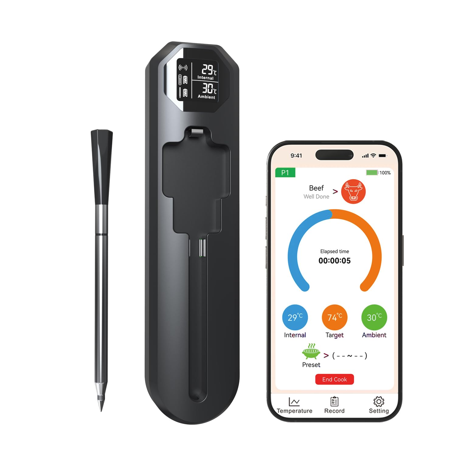 Smart Wireless Meat Thermometer, Digital BBQ Temperature Monitor, Phone App Control, Kitchen and Outdoor Grilling