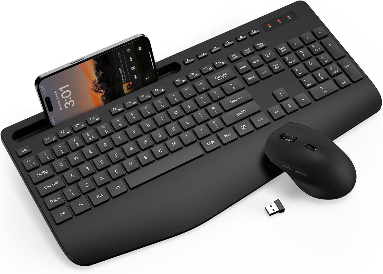 Wireless Keyboard and Mouse Combo, Full-Size Ergonomic Keyboard with Wrist Rest, Phone Holder, Sleep Mode, Silent 2.4GHz Cordless Set for Computer, Laptop, PC, Mac, Windows (Black)