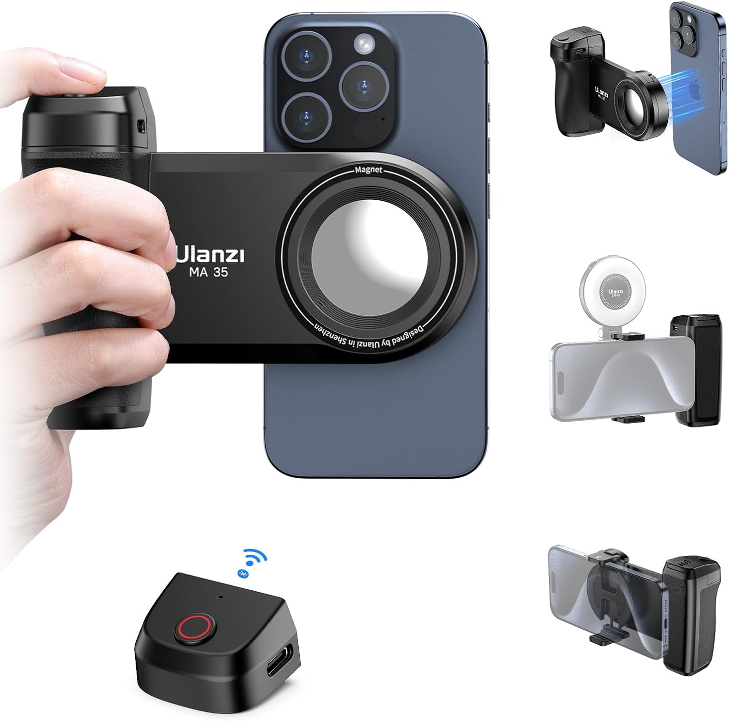 ULANZI MA35 Magnetic Phone Grip Selfie Phone Tripod Mount 2-in-1 Magnetic Clip Camera Grip Handle with Detachable Remote Shutter with Cold Shoe Adapter for iPhone Sumsung Video Shooting