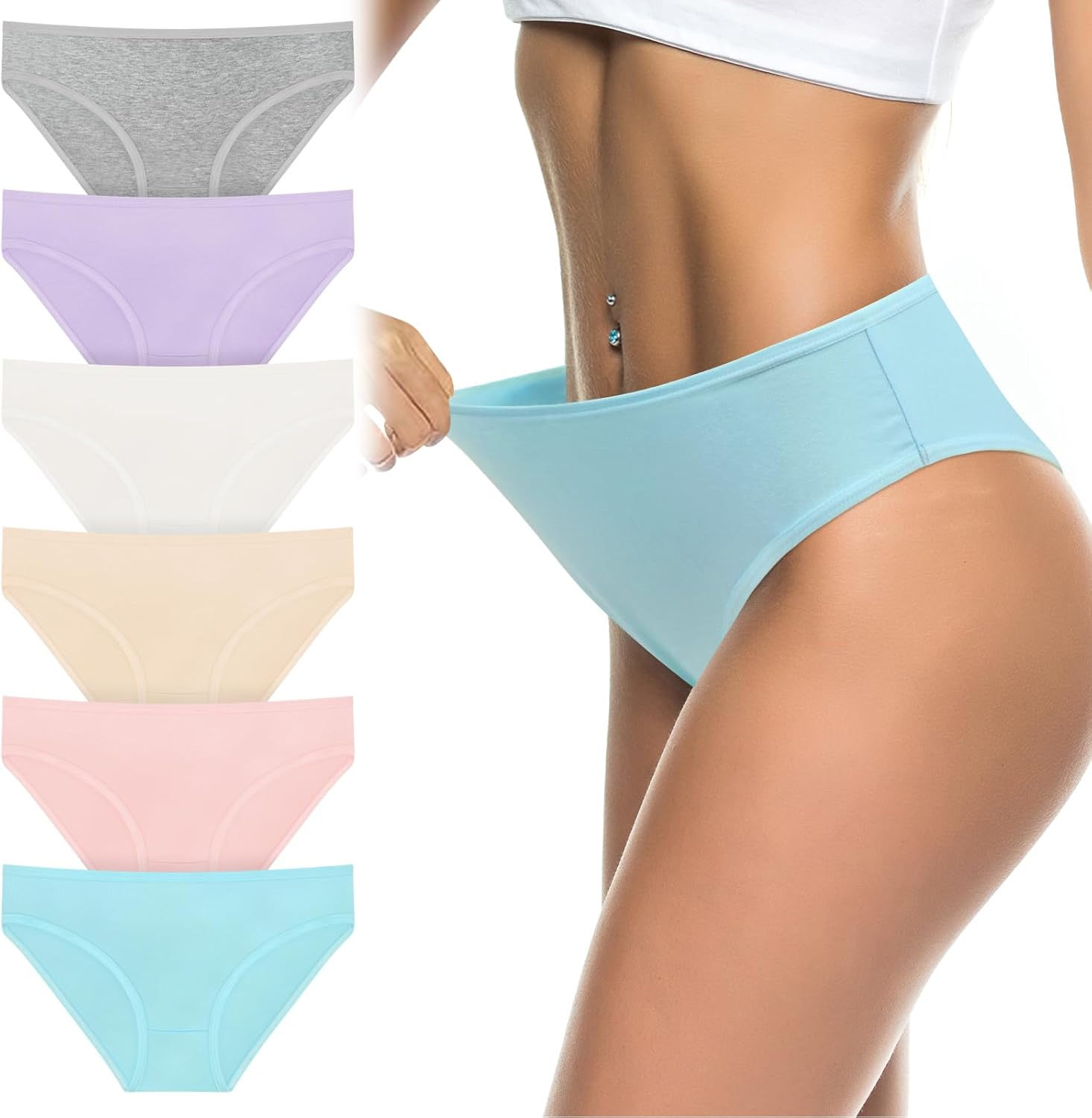 flintronic Women's Underwear, 6 Pcs Cotton Breathable Knickers Multipack, Stretchy Mid-Low Rise Hipster Panties, Soft Comfortable Ladies Basic Briefs for Daily Wear