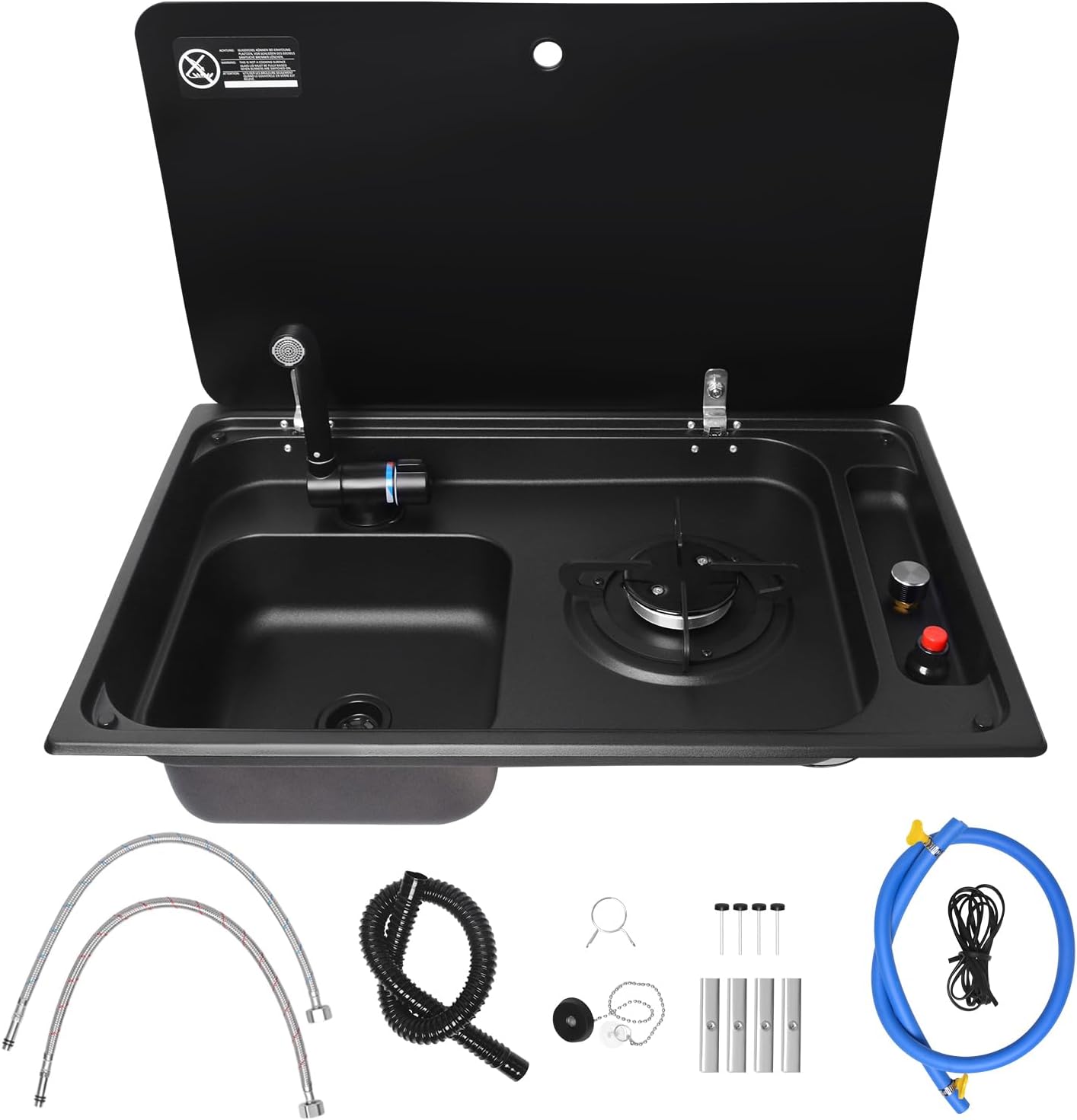 RV Gas Stove and Sink Combo with Tempered Glass Lid Stainless Steel Single Burner Kitchen Unit Built in Camper Van Boat Compact Cooking Wash Station with Foldable Faucet LPG Ready